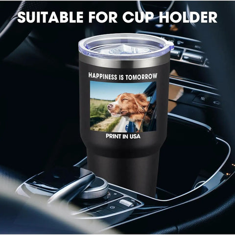 Top Shelf Personalized Stainless Steel Tumbler 30 Oz Double Wall Insulated Travel Coffee Cup With Secure Lid And Reusable Straw Custom Text Or Logo Printing Made In Usa in car cup holder with dog image.
