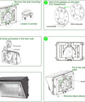 Installation guide for Crazy Bright 90W Outdoor LED Wall Pack With Dusk To Dawn Photocell, showing assembly and mounting steps.