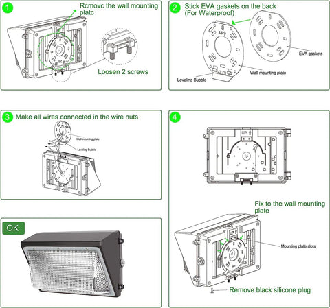 Installation guide for Crazy Bright 90W Outdoor LED Wall Pack With Dusk To Dawn Photocell, showing assembly and mounting steps.