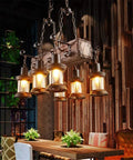 Rustic Farmhouse Linear Pendant Light With Wood Beam, Industrial Island Chandelier, Hanging Ceiling Fixture in dining setting