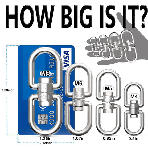 Heavy Duty Double Ended Eye To Eye Swivel Ring 304 Stainless Steel M8 Hardware 2 Pack For Tree Swings Rigging Carabiner Style Dismounting Connectors Rust Resistant High Load Bearing, M8 size shown