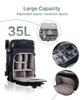 Lancer 300 Modular Waterproof Outdoor Camera Backpack With Portable 300Wh Power Station open showing 35L adjustable compartments.