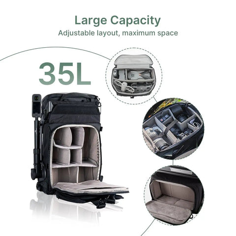 Rugged Modular Waterproof Camera Backpack With Front Pack And Magic Arm Rig Exoskeleton Design All In One DSLR SLR Bag, 35L capacity.