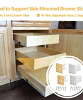 Rock Solid Hella Tough 4 Pack C Shaped Drawer Slide Brackets in use with cabinet drawers supporting 1 inch side mounted slides.