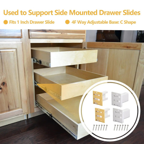 Rock Solid Hella Tough 4 Pack C Shaped Drawer Slide Brackets in use with cabinet drawers supporting 1 inch side mounted slides.