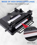 Heavy Duty A4 Paper Cutter With Metal Base Trimming Machine For Scrapbooking Office And Copy Shop Use Cuts Up To 31.5 Cm And Handles 380 To 400 Sheets A True Workhorse In Black with visible high speed steel blade closeup.
