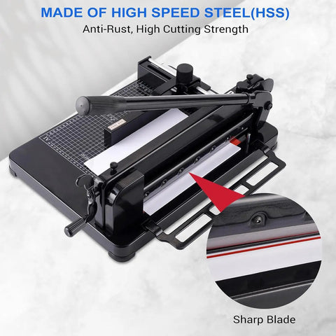 Heavy Duty A4 Paper Cutter With Metal Base Trimming Machine For Scrapbooking Office And Copy Shop Use Cuts Up To 31.5 Cm And Handles 380 To 400 Sheets A True Workhorse In Black with visible high speed steel blade closeup.