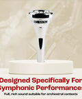 Baritone Mouthpiece Silver Plated SM4 With Medium Backbore For Balanced Airflow And Rich Tone, Easy Articulation, Warmth And Clarity, Perfect For Expressive Baritone Brass Performances. silver-plated baritone mouthpiece on stand