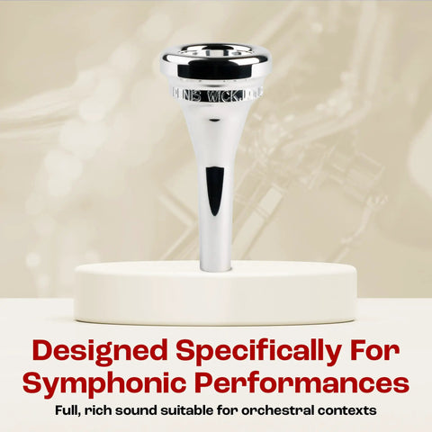 Baritone Mouthpiece Silver Plated SM4 With Medium Backbore For Balanced Airflow And Rich Tone, Easy Articulation, Warmth And Clarity, Perfect For Expressive Baritone Brass Performances. silver-plated baritone mouthpiece on stand