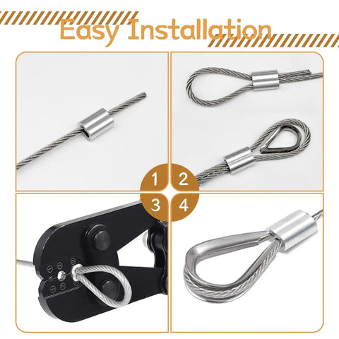 Beefy All In One Aluminum Crimping Loop Sleeve Cable Ferrules Kit 285 Pcs in use, showing installation on wire rope.