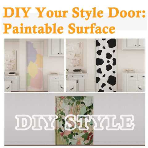 Interior room with paintable French style door featuring cow print and floral designs, DIY customizable surface.