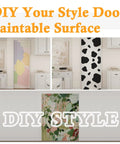 DIY style doors with paintable surfaces in floral, geometric, and cow print designs for customizable interior decor.