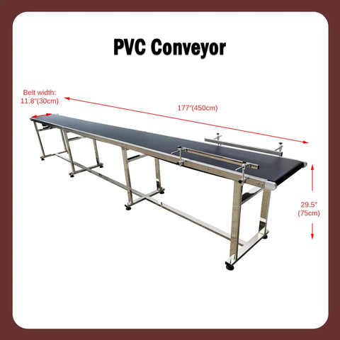 177 Inch PVC Flat Conveyor Workhorse With Adjustable Speed 110V 370W Heavy-Duty Stainless Steel Frame Black PVC Belt