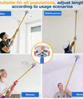 Extra Long 11 Foot Smoke Detector Removal Tool With Two Interchangeable Heads in use by diverse people reaching high ceilings.