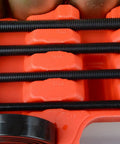 Close-up of threaded spindles from 26 Piece Universal Bushing Press And Pull Sleeve Kit for automotive repairs in orange case.