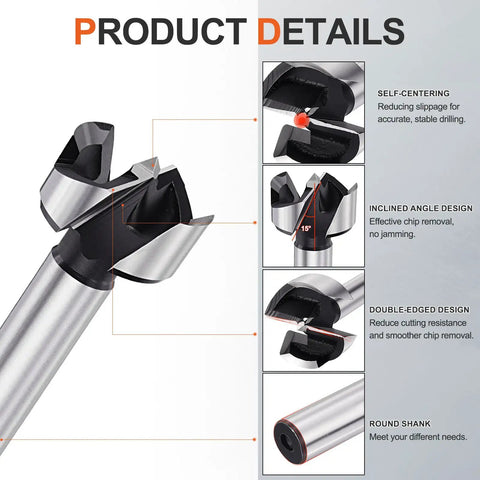 Top Tier Forstner Drill Bit Set 1 1/4 Inch And 32 Mm Polished Carbon Steel woodworking bit details including self-centering, round shank.