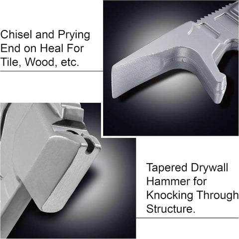 Close-up of 15 Inch Multi Function Demolition Tool showing chisel and prying end, tapered drywall hammer for breaking drywall