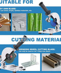 Rock Solid Smooth Operating Mini Desktop Saw For Wood Stone Steel Craft Cutting With Low Noise All Copper Motor Heavy Duty Precision Setup Including Nine Interchangeable Angled Blades Knockout Performance showing saw blades and materials it cuts.