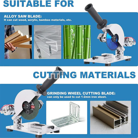 Rock Solid Smooth Operating Mini Desktop Saw For Wood Stone Steel Craft Cutting With Low Noise All Copper Motor Heavy Duty Precision Setup Including Nine Interchangeable Angled Blades Knockout Performance showing saw blades and materials it cuts.