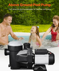 Built Different 2.5 Horsepower Above Ground Pool Pump With 148 Gallons Per Minute Flow And 220V Single Speed Motor For Swimming Pools Hot Tubs And Spas Featuring Heavy Duty Copper Motor beside families enjoying a pool.