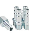 Beefy High Flow Half Inch Air Hose Fittings Set with four male IM industrial NPT plugs and one female air plug in solid steel