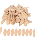 200 Pcs Assorted Beech Wood Blanks For Biscuit Jointer No 20 And No 0 shown in a pile and aligned row for woodworking projects.