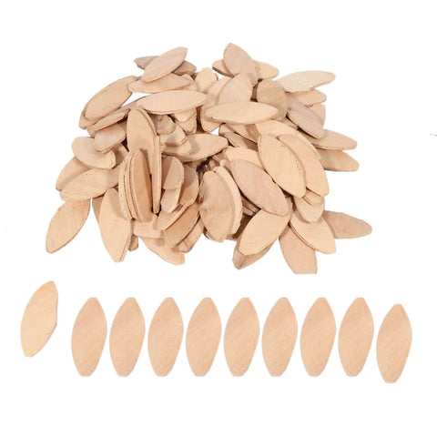 200 Pcs Assorted Beech Wood Blanks For Biscuit Jointer No 20 And No 0 shown in a pile and aligned row for woodworking projects.