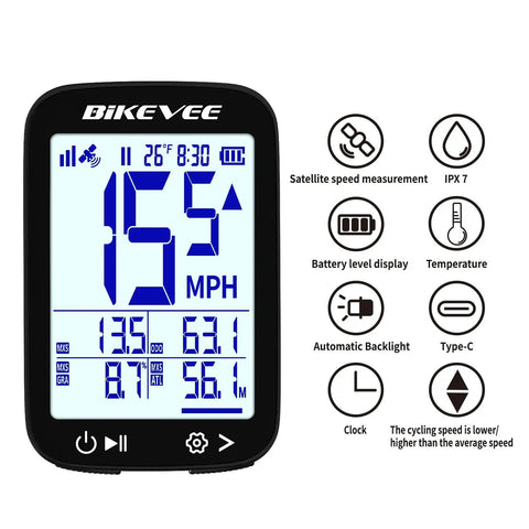GPS Bike Computer With Auto Backlight For Road And Mountain Riding, displays speed, time, and distance features.