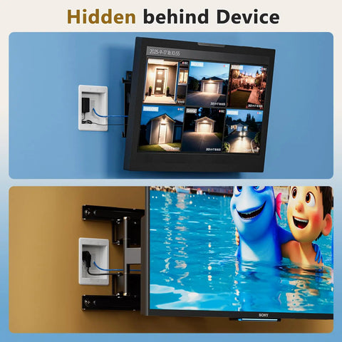 Recessed Outlet Box For Wall Mount TV Two Gang Electrical Box With Duplex And Decorator Style Covers, white recessed wall box behind TV