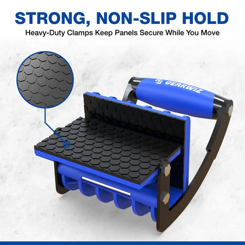 Close-up of panel carrier tool showcasing non-slip surface and heavy-duty clamps, part of Crush Your Heavy Loadouts With This Panel Carrier Tool For 4x8 Sheets Up To 100 Lbs One Handed Ergonomic Grip Smooth Operator Board Hauler For Plywood And Lumber Zero Back Strain Includes Two Handles.