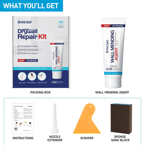 Image of Spackle Wall Repair Kit For Drywall DIYers Fix Cracks Nail Holes Graffiti with packaging, mending agent, nozzle, scraper, sponge.
