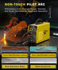 Beefy Pro Grade Plasma Cutter with Large LED Display cutting metal on workbench, showcases non-contact pilot arc functionality.