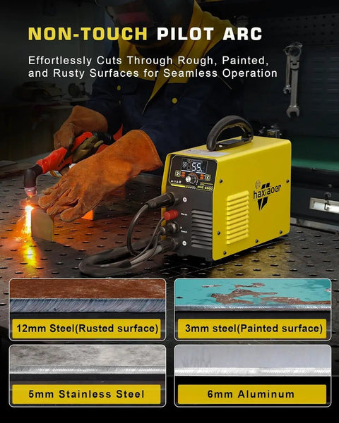 Beefy Pro Grade Plasma Cutter with Large LED Display cutting metal on workbench, showcases non-contact pilot arc functionality.