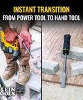 Person using SDS Demolition Screwdriver Set with Flat Chisel for rotary hammer drill alongside handheld pry bar on concrete blocks