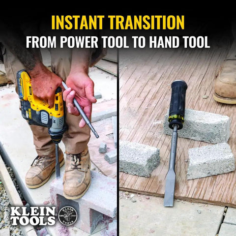 Person using SDS Demolition Screwdriver Set with Flat Chisel for rotary hammer drill alongside handheld pry bar on concrete blocks