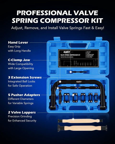 Valve Spring Compressor Kit With 10 Piece Clamp Tool Set for car, motorcycle, ATV repairs displayed in blue case