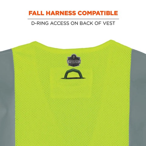 Back view of Worksite Ready Flame Resistant Safety Vest For Adults Type R Class 2 High Visibility Lime Mesh With FR Reflective Tape, showing D-ring access.
