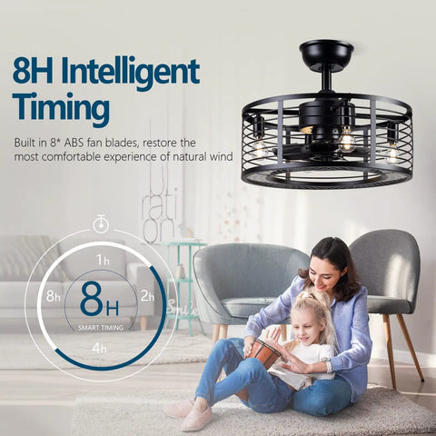 Living room with Dope Modern Enclosed Ceiling Fan With Remote Control, Black Caged Industrial Light Kit, safe design above family