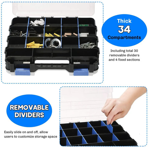 34 Compartment Double Sided Parts Organizer Box With Removable Dividers Durable Blue Storage Case with transparent lid