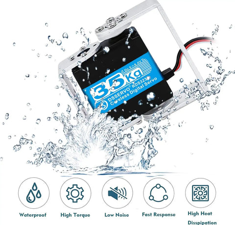 Waterproof 35Kg Coreless Robot Servo with 8.4V beefy torque, steel gear, and 270-degree rotation for RC vehicles and humanoids.