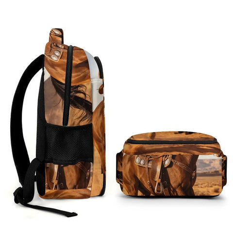 Unisex Western Galloping Horse Printed Backpack side view, large capacity, durable polyester with matching pouch, smooth zipper