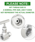 Front view of 304 stainless steel high‑pressure needle valve with T-handle, 1/4" NPT female x 1/4" tube OD.