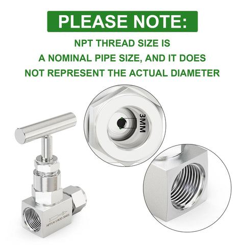 Front view of 304 stainless steel high‑pressure needle valve with T-handle, 1/4" NPT female x 1/4" tube OD.