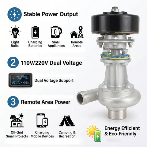 Portable Micro Hydroelectric Generator Power Station 1000W 110V-220V with bearing turbine for camping and off-grid use