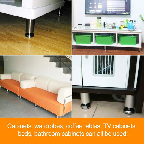 Heavy Duty Adjustable Cabinet Legs With Slick Brushed Stainless Steel Finish Badass Table Feet on various furniture settings.