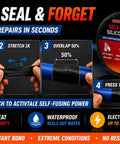 Infographic showing Self Fusing Silicone Tape 1 Inch By 5 Feet Black Emergency Repair Tape That Bonds To Itself For Waterproof Seal Heat Resistant Insulating And Chemical Resistant No Residue Ideal For Automotive Electrical Outdoor Use, with instructions for use.