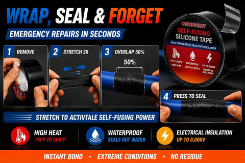 Infographic showing Self Fusing Silicone Tape 1 Inch By 5 Feet Black Emergency Repair Tape That Bonds To Itself For Waterproof Seal Heat Resistant Insulating And Chemical Resistant No Residue Ideal For Automotive Electrical Outdoor Use, with instructions for use.