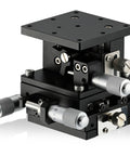 Three Axis Manual Linear Stage With 2.36 By 2.36 Inch Platform for XY positioning and Z focusing, visible micrometer dials for precision adjustment.