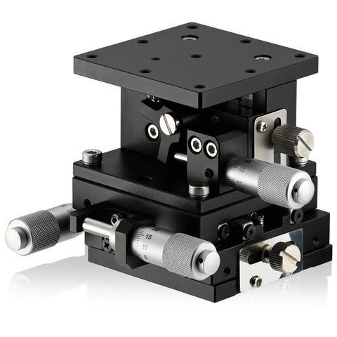 Three Axis Manual Linear Stage With 2.36 By 2.36 Inch Platform for XY positioning and Z focusing, visible micrometer dials for precision adjustment.