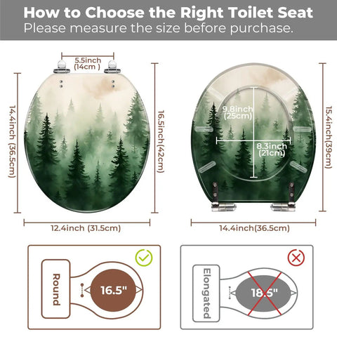Toilet Seat Round Resin for Bathroom dimensions diagram with size measurements for round and elongated seats.
